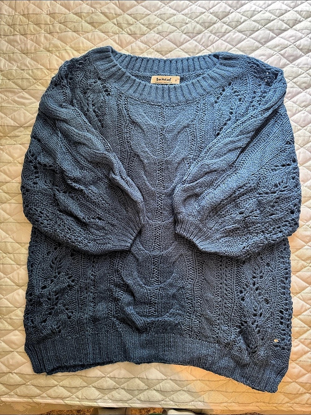 Three Bird Nest Cable Knit Sweater Blue Size Small